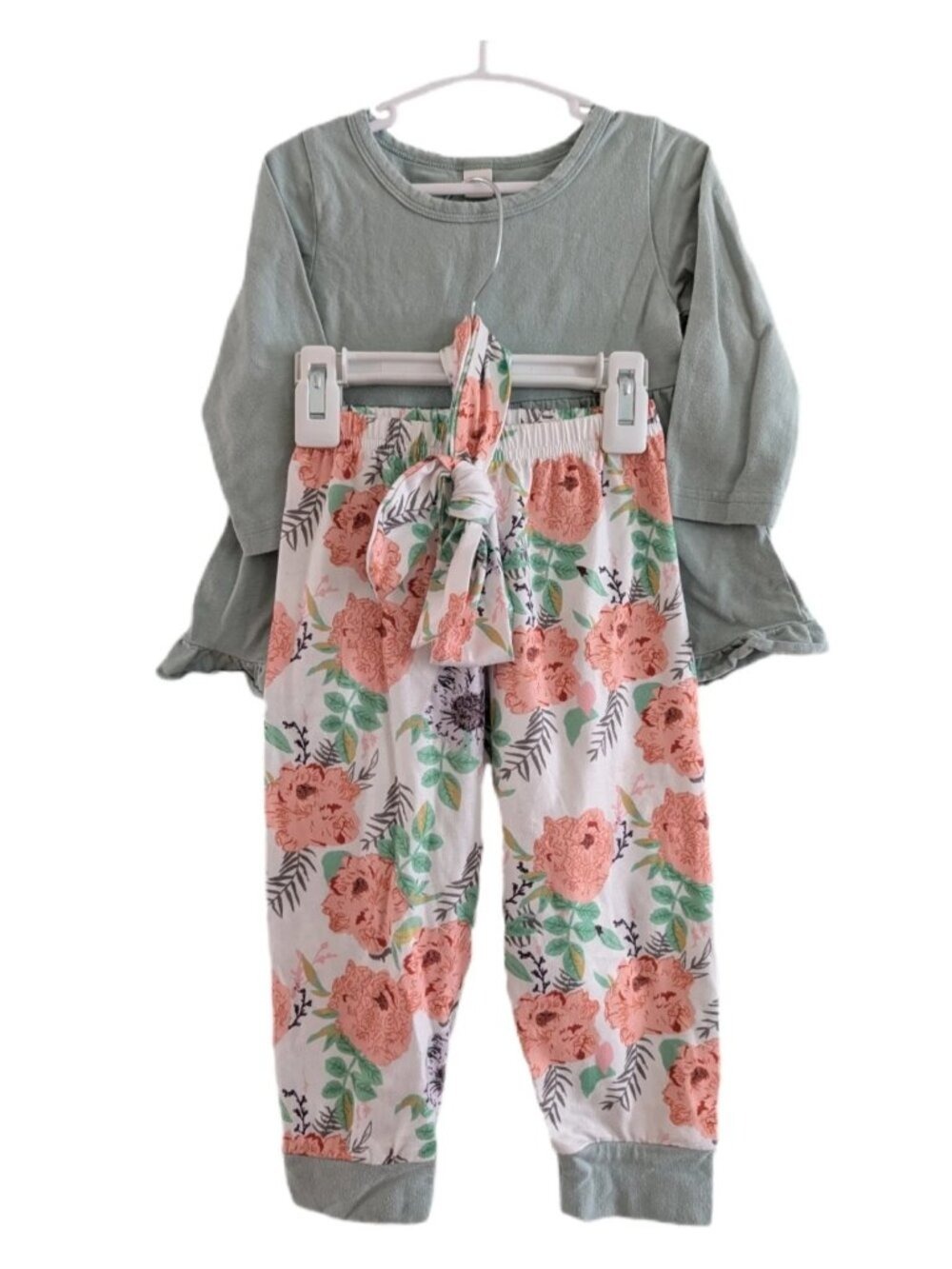 Kids Floral Set‎ | Green Long Sleeve Shirt & Floral Pants with Bow